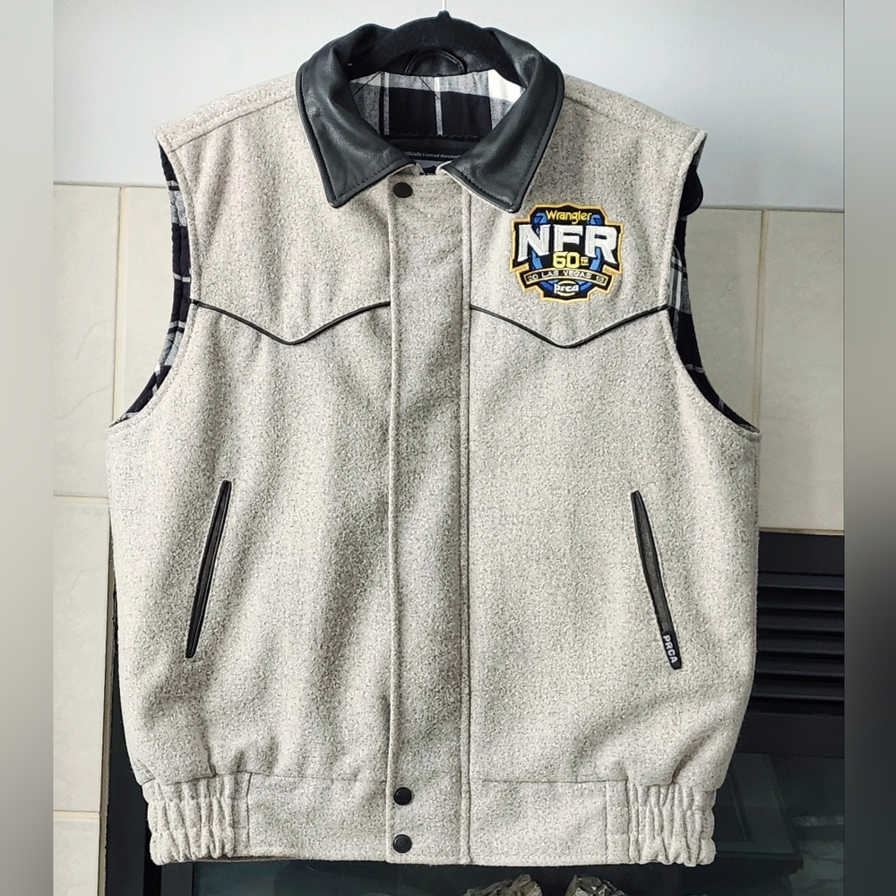 Wrangler Wool, Cotton & Leather Vest, 2018 NFR Las Vegas PRCA Gray Vest, Size S